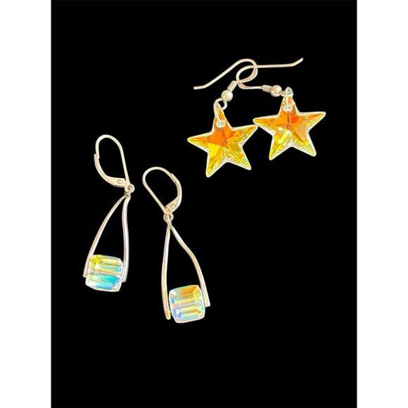 Celestial Aurora Borealis Sterling Silver Earrings Set Cubes Stars 925 - Picture 1 of 7